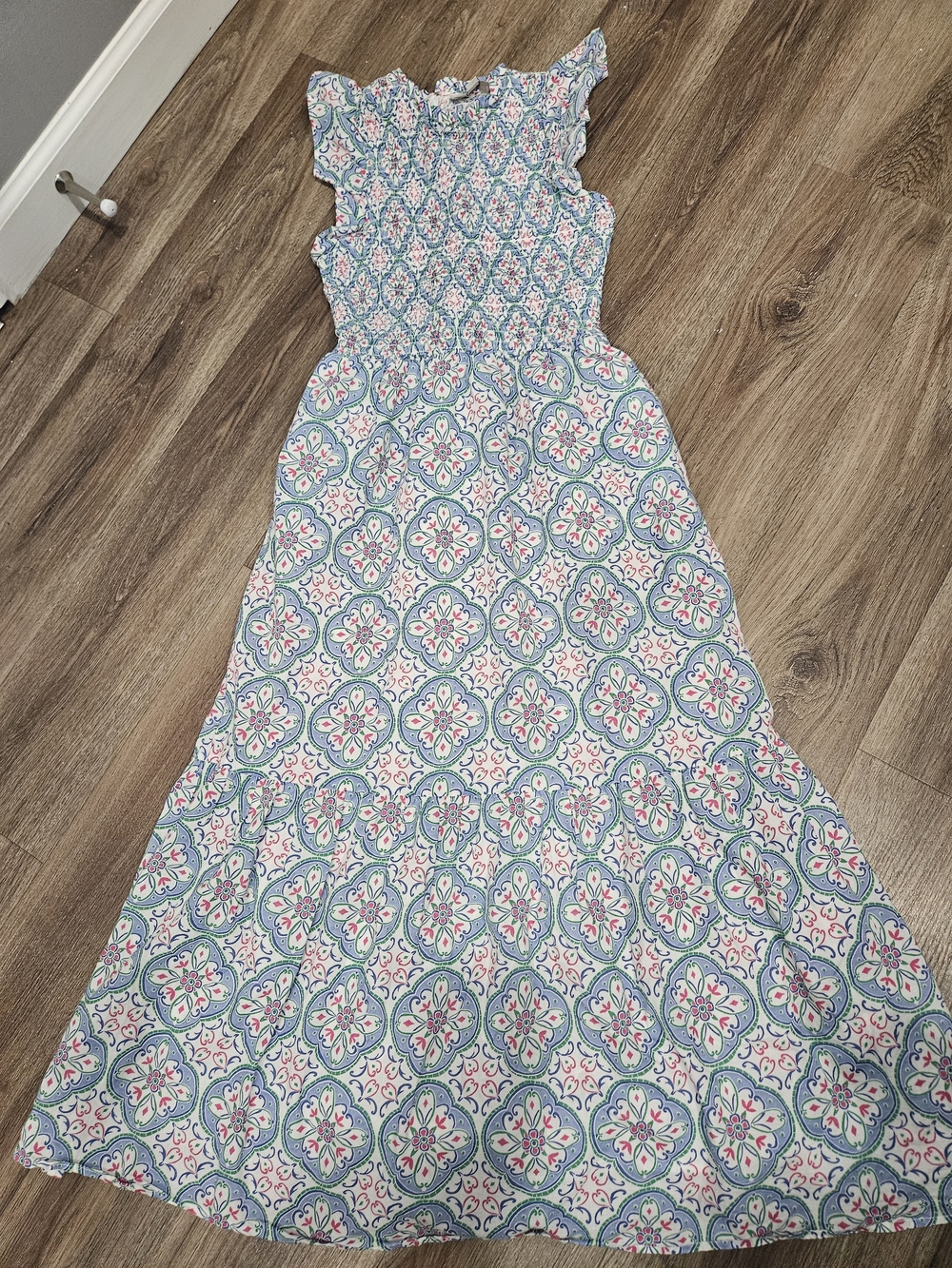 LOFT Blue and Pink Printed Maxi Dress with Smocked Bodice